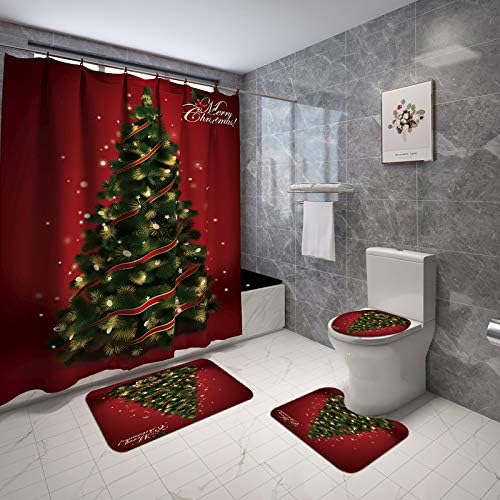 Yuanhong Noel Ağacı Baskı Duş Perde Setleri / Kaymaz Halı / Tuvalet Kapağı Kapak-Noel Ağacı Desen Dekorasyon Banyo Paspas Banyo