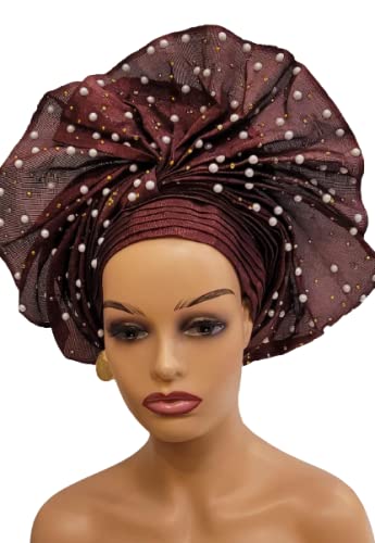 Kadın Headtie Gele Türban Şapka Afrika Kadın İnci Kafa-Wrap Eşarp Nijeryalı Düğün Saç Giyim-Kahverengi