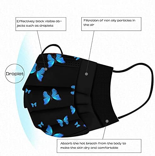 50 ADET Tek Kullanımlık Siyah Face_Masks ile Renkli Kelebek Baskılı Tasarımlar için Yetişkin, 3-ply Yüz Nefes Filtre Koruyucu