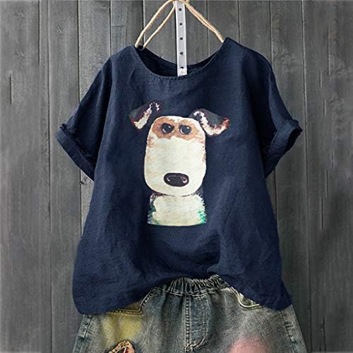 TWGONE Keten Gömlek Kadınlar ıçin Yaz Artı Boyutu Yavru Köpek Baskı Gevşek Tunik Bluz Tops