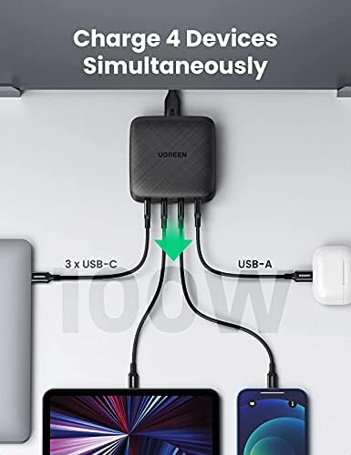 UGREEN 100 W USB C Multiport Şarj 4 Port USB Şarj İstasyonu ile USB C Kablosu Sağ Açı 90 Derece Hızlı Şarj 6FT ile Uyumlu Galaxy
