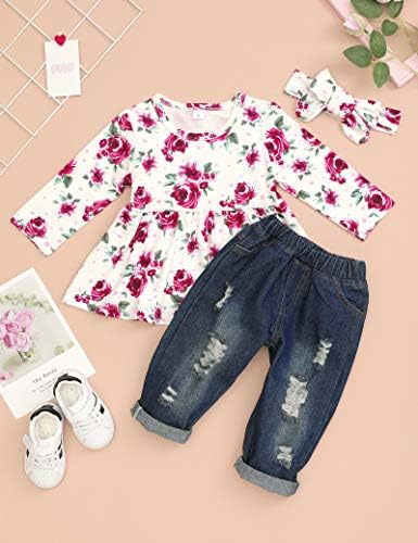 Toddler Bebek Kız Giysileri Çiçek Uzun Kollu Üst + Pantolon ile Handband Pantolon Seti