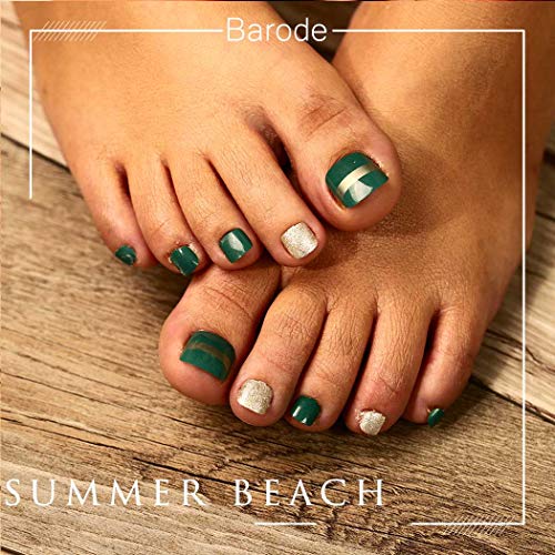 Barode 24 Pcs Yanlış Ayak Çivi Parlak Tam Kapak Sanat Tasarım Yeşil Akrilik Kare Kısa Sahte Ayak Tırnaklarını Yaz Plaj Parti