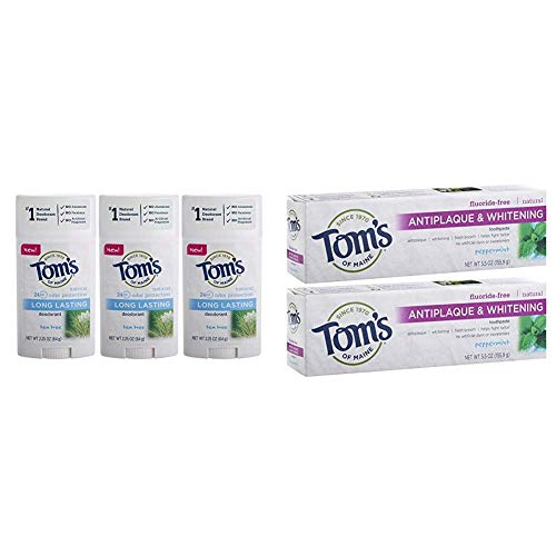 Tom's of Maine Doğal Uzun Ömürlü Deodorant Çoklu Paket, Çay Ağacı, Antiplaque ve Beyazlatıcı Florür İçermeyen Diş Macunu, Nane,