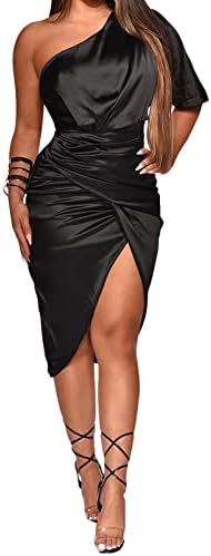 Aro Lora Bayan Seksi Bir Omuz Dantelli Asimetrik Parti Akşam Saten Bodycon Mini Elbise