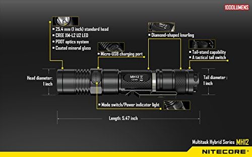 Nıtecore MH12 Şarj Edilebilir XM-L2 U2 El Feneri 1000Lm w/USB Kablosu, duvar ve Araç Adaptörü + Ücretsiz Pil