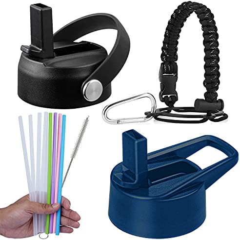 HidroFlask için RFAQK Geniş Ağızlı Hasır Kapak-Çoğu Spor Su Şişesi için Siyah Kapaklar 4 Silikon Pipet, 4 Plastik Pipet, Halka