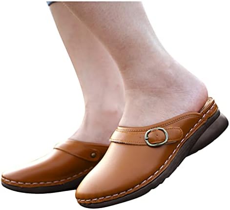 Takunya Ayakkabı Kadınlar için Yaz Vintage Deri Dikiş Kapalı Toe Toka Dekor Kayma Kama Terlik Katır Sandalet yürüyüş ayakkabısı