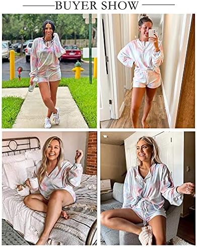 BTFBM Kadın Pijama Kravat Boya Baskı Uzun Kollu Gömlek Elastik İpli Şort Pantolon PJ Set Pijama Loungewear Gecelik