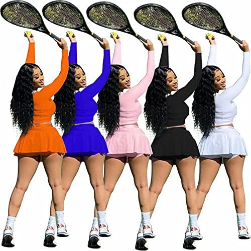 Kadınlar ıçin ıki Parçalı Etek Kıyafetler - Rahat Uzun Kollu Kırpma Üst Patenci Tenis Etekler Set 2 Adet Atletik Tenis Activewear