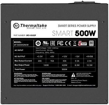Thermaltake Smart 500W 80 + Beyaz Sertifikalı PSU, 120mm Ultra Sessiz Soğutma Fanı ile Sürekli Güç, ATX 12V V2. 3 / EPS 12V Aktif