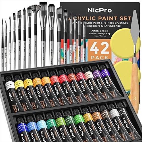 Nicpro 42 PCS Akrilik Boya seti ile Fırçalar, 24 Renk Sanat Boya (12 ml/ Tüp) ile 16 PCS Fırçalar, Toksik Olmayan Boyama Kiti