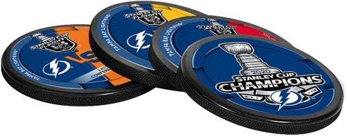 Tampa Bay Lightning İmzasız Inglasco 2020 Stanley Kupası Şampiyonları 4-Puck Coaster Seti-NHL İmzasız Çeşitli